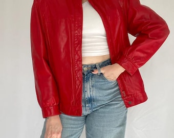 Vintage 80s Red Lambskin Leather Bomber Jacket: Women's Moto Style