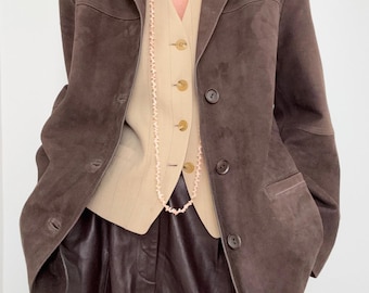 Manteau en cuir suédé marron vintage – Veste en daim des années 90 femme | Manteau en cuir classique de style occidental