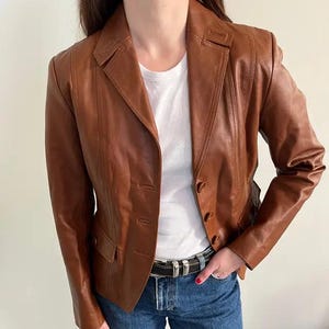 Vintage Lambskin Leather Blazer: 90s Fitted Brown Jacket