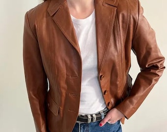 Vintage Lambskin Leather Blazer: 90s Fitted Brown Jacket