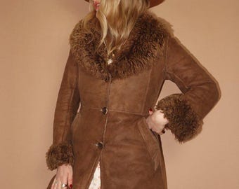 manteau Penny Lane vintage des années 70 | Manteau afghan en peau de mouton retournée marron