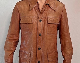 Vintage 70s Cognac Brown Leather Safari Jacket: Men's Cowhide Field Coat