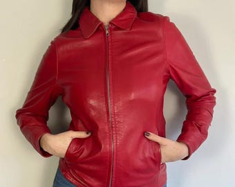 Vintage Fitted Biker Style 90s Red Leather Moto Jacket