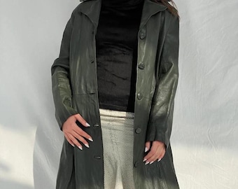 Vintage Olive Green Leather Trench Coat – 90s Minimalist Longline Overcoat – Button-Up Real Leather Jacket for Women
