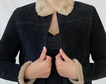 Vintage 90s Black Suede Jacket: Y2K Faux Fur Trim, Women's Medium