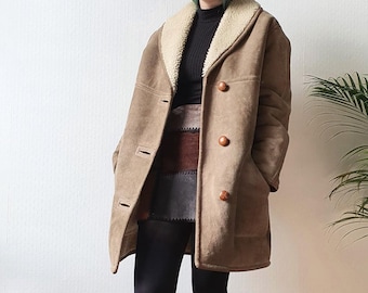 Vintage Shearling Coat | 70s Suede Sheepskin Coat | Brown Shearling Jacket with Fur Lining | Winter Penny Lane Style