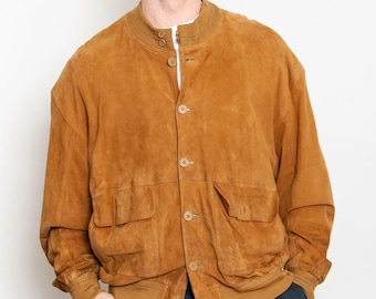 90s Mens XL Suede Leather Zip Bomber Jacket Preppy Grunge, Vintage