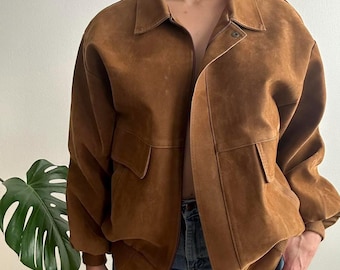 Blouson aviateur surdimensionné en daim marron vintage des années 80 - Manteau en cuir suédé véritable pour femme