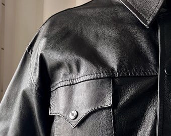 Vintage Black Leather Shirt Jacket: 90s Western Biker Style