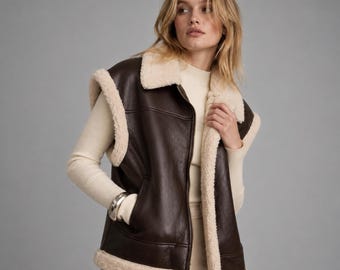 Women's Brown Leather Shearling Vest | Genuine Leather Sleeveless Jacket | Faux Fur Trim Winter Vest | Boho Western Leather Outerwear