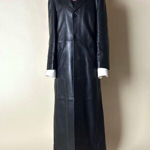 Vintage Black Leather Long Coat – Minimalist Leather Trench Coat – Women's Classic Leather Overcoat – 90s Leather Jacket – Maxi Leather Coat image 3