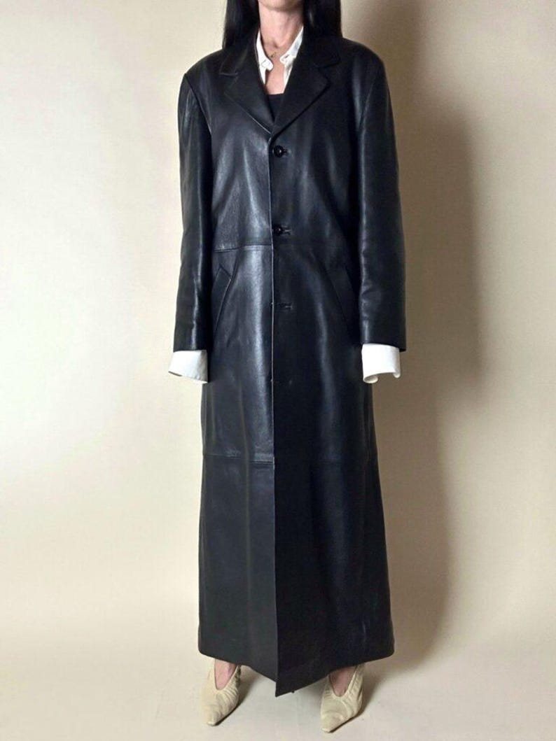 Vintage Black Leather Long Coat – Minimalist Leather Trench Coat – Women's Classic Leather Overcoat – 90s Leather Jacket – Maxi Leather Coat image 3