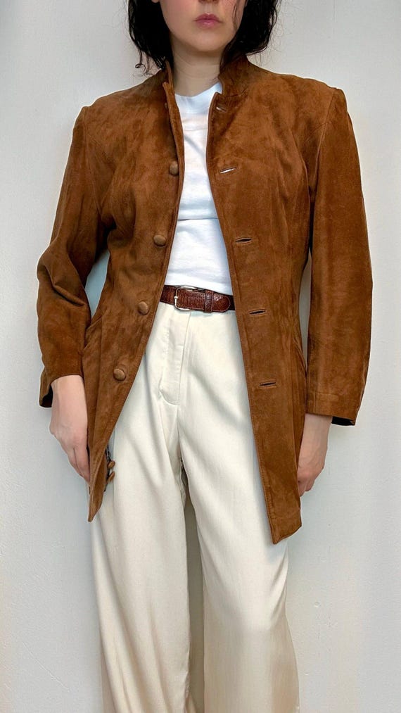Vintage 70s Brown Suede Coat: Women's Mandarin Collar Longline Jacket
