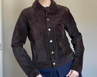 Vintage 90s Suede Trucker Jacket: Women's Dark Brown Leather Coat
