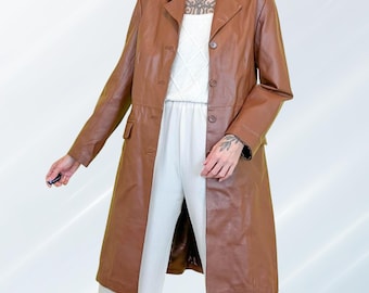 Vintage Brown Genuine Leather Trench Coat | 90s Minimalist Long Leather Jacket | Real Leather Coat for Women | Classic Retro Outerwear