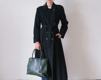 Vintage Inspired Black Belted Wool Coat for Women | Elegant Double Breasted Long Coat | Classic Winter Trench Coat