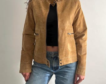 Vintage Tan Suede Leather Moto Jacket 90s Minimalist Outerwear
