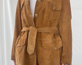 Vintage 70s Brown Suede Leather Jacket – Women's Belted Suede Coat