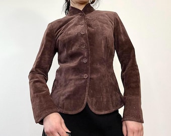 Veste blazer en cuir suédé vintage - Manteau en suède marron pour femme - Veste en cuir suédé minimaliste des années 90 de l'an 2000