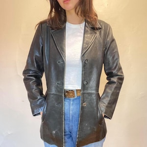 Veste blazer en cuir noir vintage des années 90 - Manteau en cuir véritable pour femme