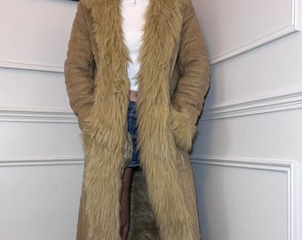 Genuine Suede Penny Lane Coat: Shearling Fur Trim, 70s Boho Style