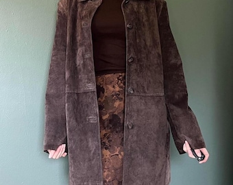 Vintage Brown Suede Coat – 90s Minimalist Genuine Suede Long Jacket | Boho Hippe Long Suede Coat | Soft Leather Button-Up Fall & Winter Coat