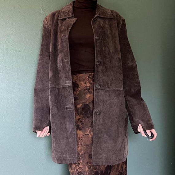 Vintage Brown Suede Coat – 90s Minimalist Genuine Suede Long Jacket | Boho Hippe Long Suede Coat | Soft Leather Button-Up Fall & Winter Coat