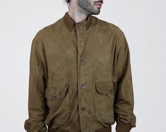 Vintage 80s Brown Suede Bomber Jacket Men's Retro Outerwear