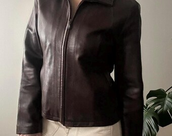 Vintage Y2K Brown Leather Jacket: Fitted Biker Style