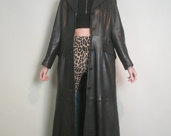 Vintage 90s Long Black Leather Trench Coat | Real Long Leather Coat | Retro Full-Length Minimalist Coat For Women Long Overcoat
