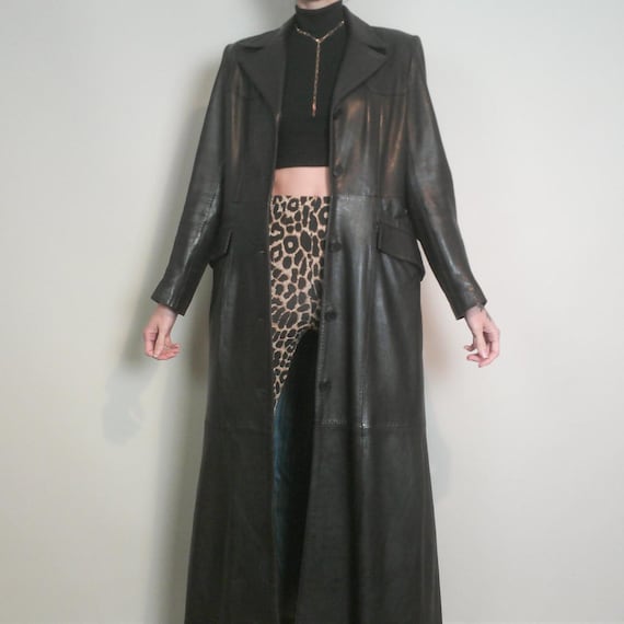 Vintage 90s Long Black Leather Trench Coat | Real Long Leather