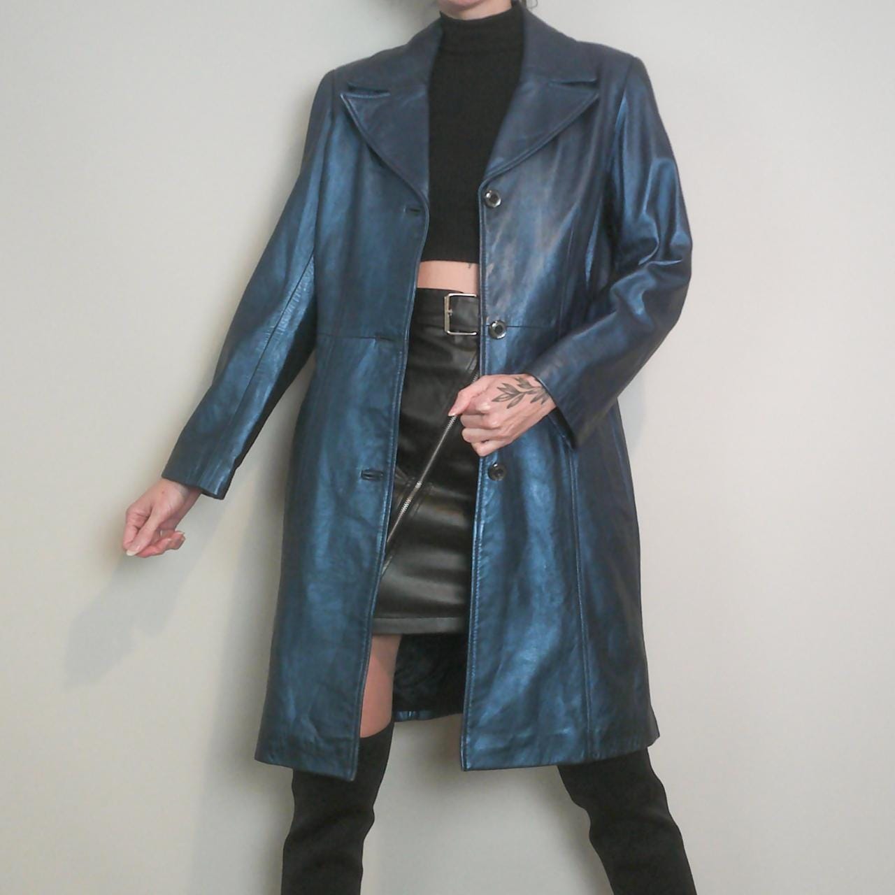 ジャケット・アウター Mods Italiana 90s Leather Trench Coat Womens Leather Trench Coat Black S-M Long Lambskin Vintage