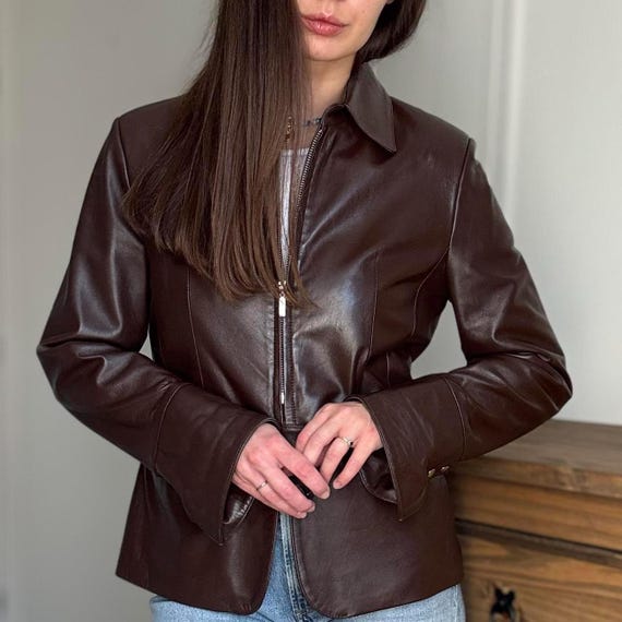 Damen Braune Echtlederjacke Echt Lederjacke mit Reißverschluss