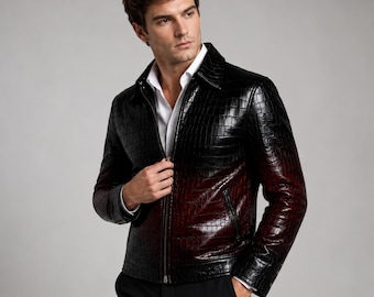 Men's 1990s Black Leather Jacket | Croc Embossed Biker Jacket | Vintage Style Motorcycle Coat | Zip Front Leather Outerwear