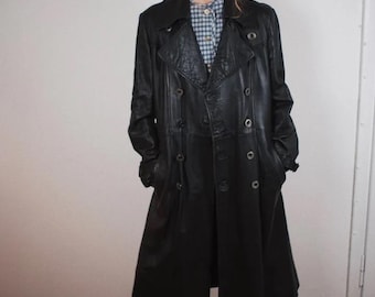 Vintage Black Leather Trench Coat – Women’s Long Double-Breasted Overcoat