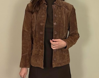 Veste vintage en cuir suédé marron - Manteau boutonné style années 70 pour femme