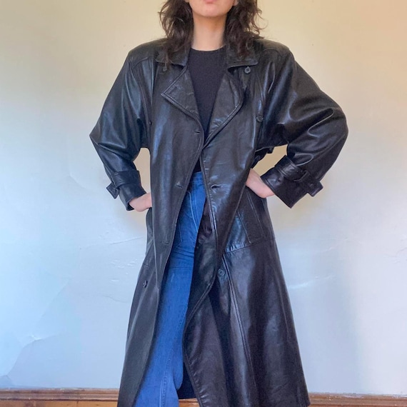 Vintage Black Leather Trench Coat – Classic Longline Double