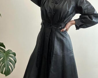 Vintage Black Leather Coat | Long Leather Belted Trench Coat | Handmade Real Leather Coat Women