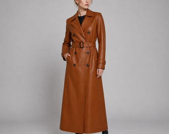 Women's Brown Leather Trench Coat | 1990s Double Breasted Leather Coat | Belted Maxi Coat | Handmade Luxury Leather Overcoat