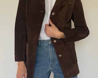 Blazer en daim années 70 pour femme, Blazer en cuir marron vintage | Manteau sur mesure longueur hanches Vêtements d'extérieur bohème minimalistes
