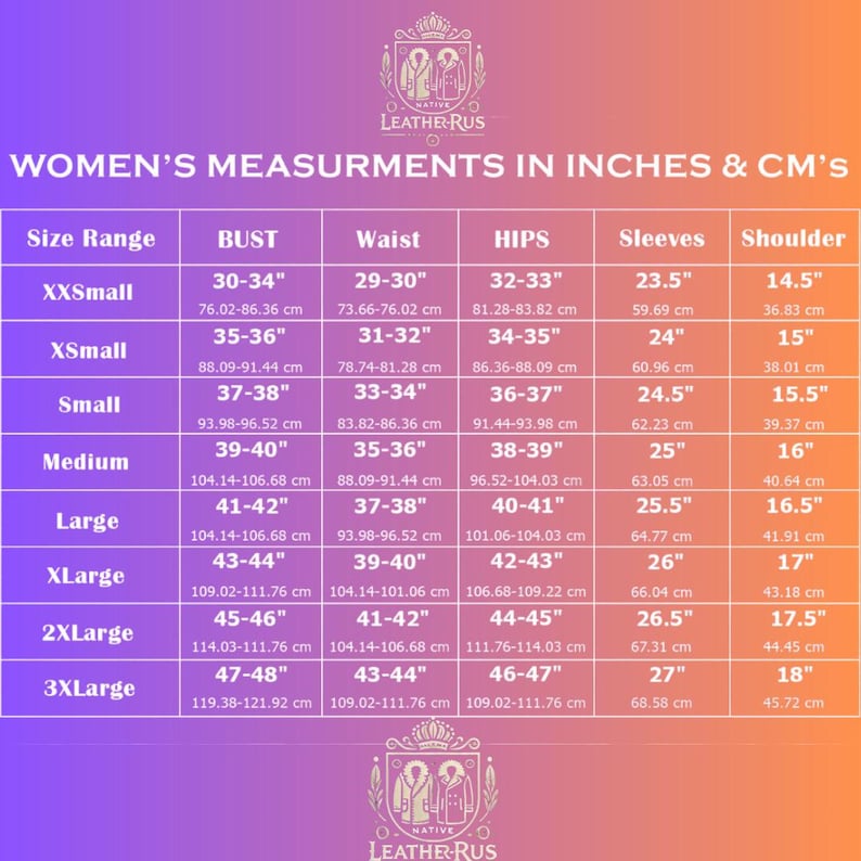 Op de afbeelding: Een tabel met de maten voor vrouwen in inches en centimeters voor verschillende maten, inclusief borstomvang, tailleomvang, heupomvang, mouwlengte en schouderbreedte.