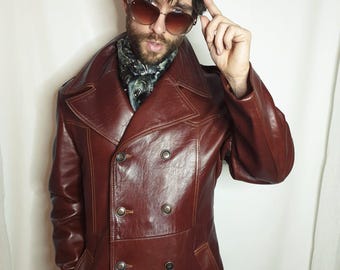 Mens Brown Leather Double Breasted Trench Coat - Vintage Style Peacoat