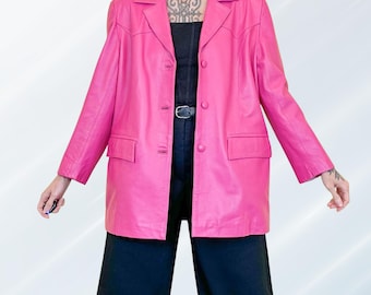 Hot Pink Genuine Leather Blazer: Oversized Trench-Style Coat