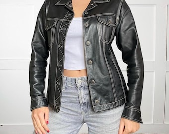 Blouson camionneur en cuir noir vintage Y2K pour femme