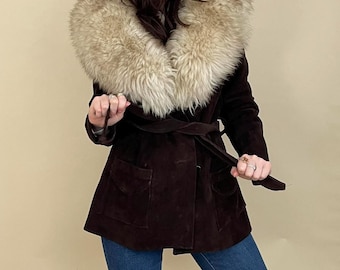 manteau Penny Lane vintage des années 70 | Veste en daim et peau retournée marron foncé avec col oversize en fourrure de mouton | Manteau d'hiver bohème hippie