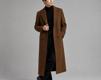 Men's Brown Wool Trench Coat | Double Breasted Long Wool Overcoat | Classic Tailored Formal Coat | Timeless Wool Coat
