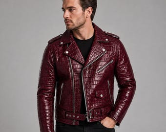 Men's Black Croc Embossed Leather Biker Jacket Vintage Motorcycle Zip Leather Coat Gift for Him