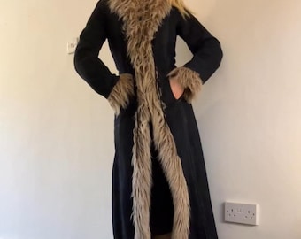 Płaszcz Penny Lane w stylu vintage z lat 70. – afgański płaszcz damski z owczej skóry w stylu boho hipisowskim, długi płaszcz z futra, zimowy płaszcz z owczej skóry