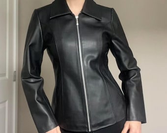 Blouson en cuir noir pour femme - Blouson en cuir véritable vintage Y2K