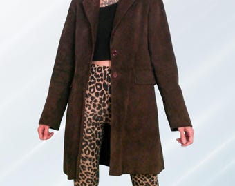 Vintage 90s Suede Leather Coat Women’s | Dark Brown Real Suede Trench Coat| Minimalist Long Leather Overcoat| Fall Winter Outerwear
